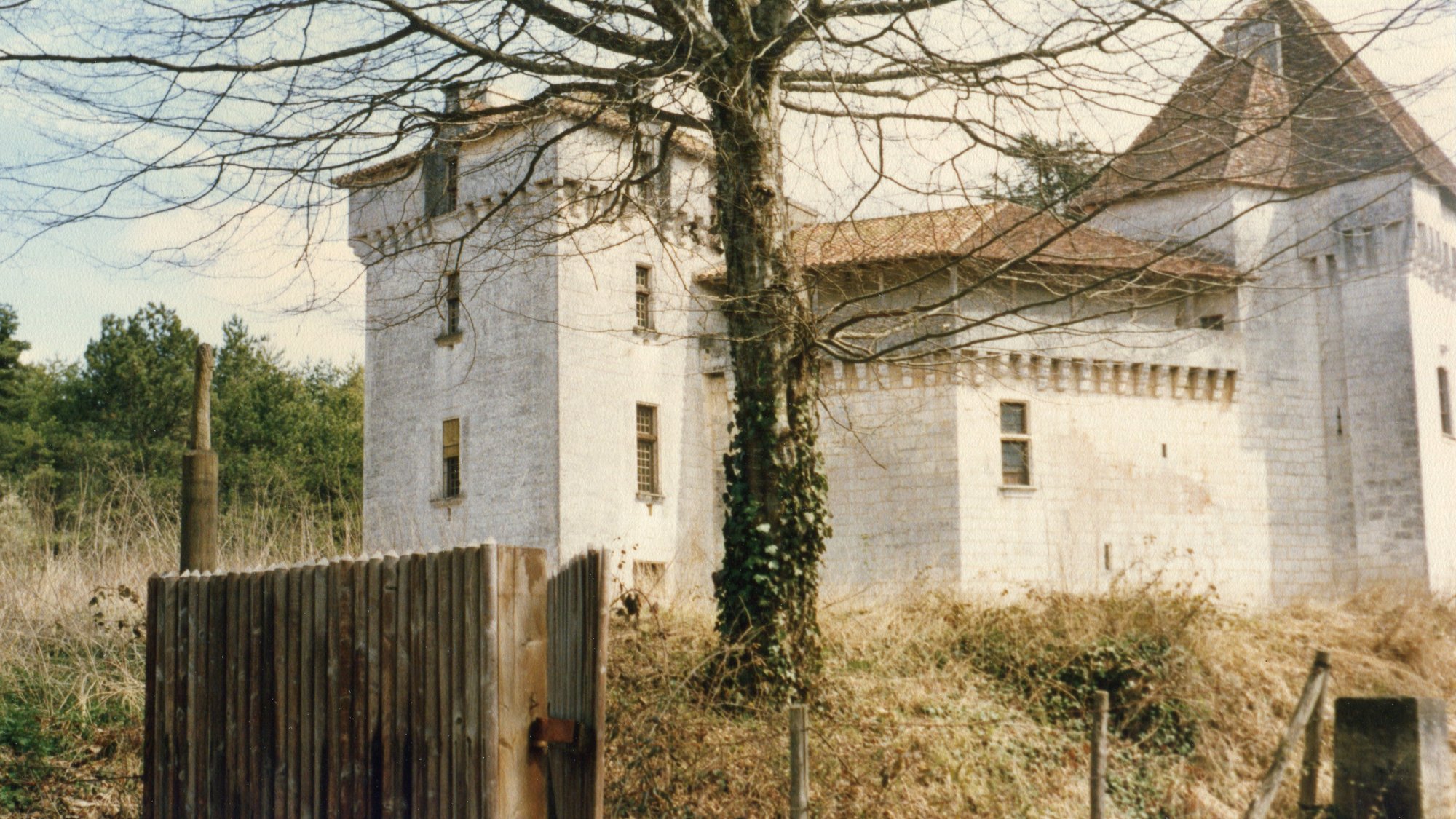 Le château de Caussade en 1985, derrière une clôture, envahi par la végétation