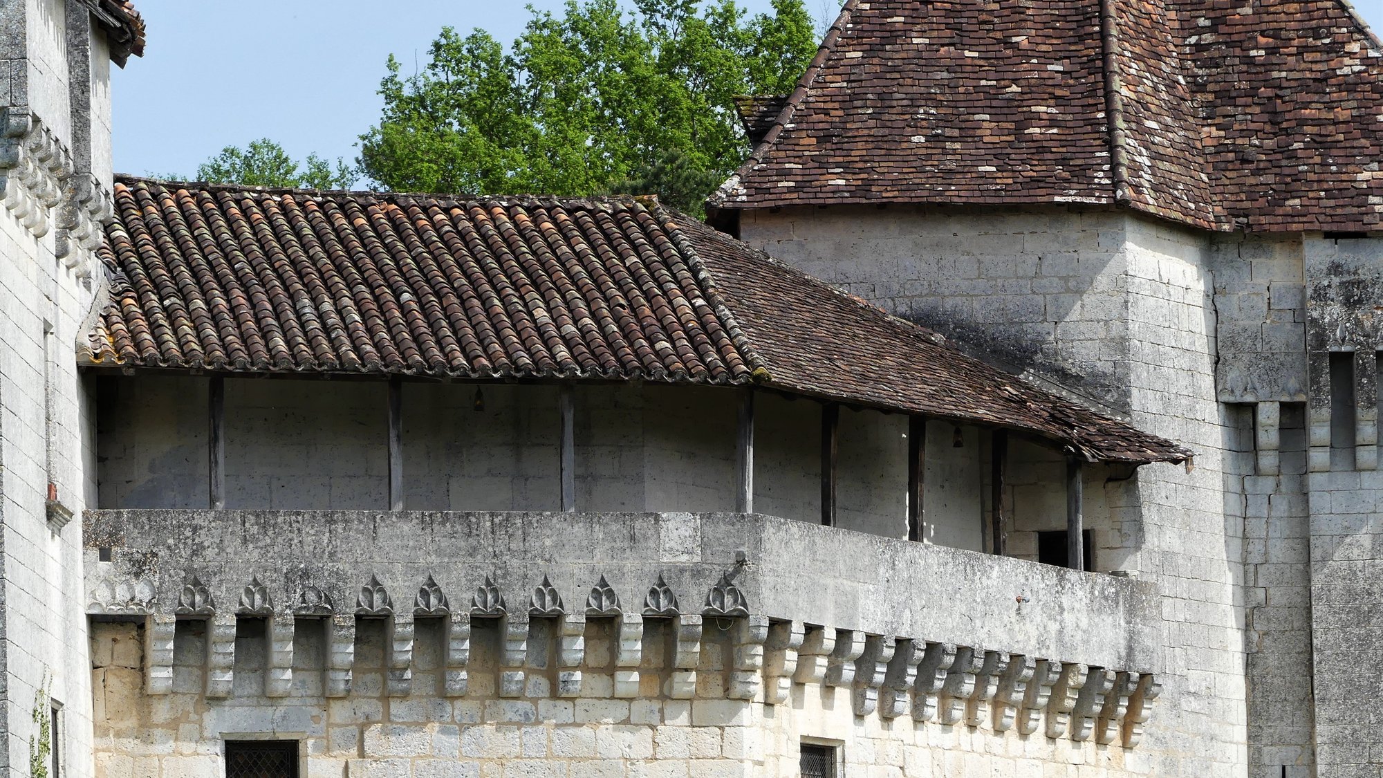 Le chemin de ronde et son enfilade de mâchicoulis, avec la tour d'angle en arrière-plan